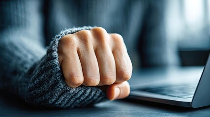 Frustrated woman showing stress at laptop concept. A close-up of a clenched fist on a table with a laptop.