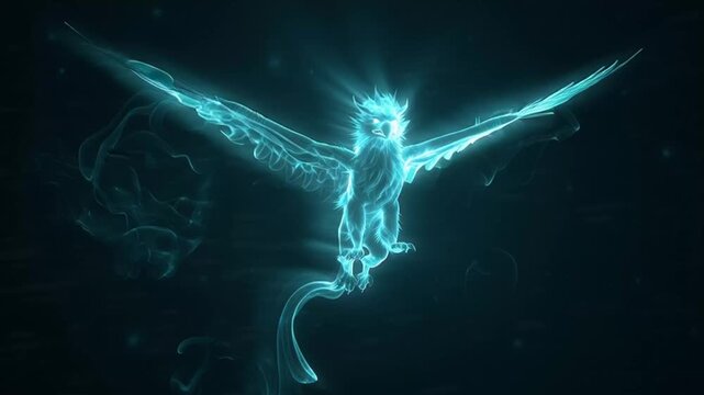 Glowing blue phoenix with outstretched wings on a dark background.