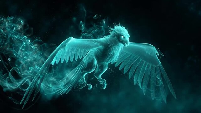 Glowing blue phoenix with outstretched wings in flight.