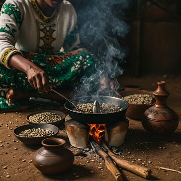 an Ethiopian coffee ceremony. A woman is roasting green coffee beans in a pan over a small fire, with incense burning. The scene is full of sensory details�smoke, beans, traditional pottery�captured i