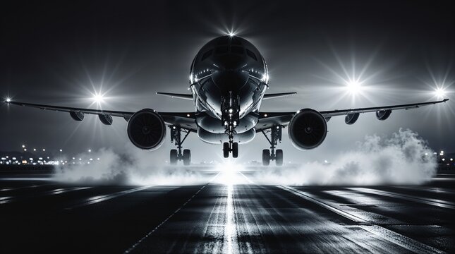 A dramatic monochrome nighttime scene capturing the intense moment of an airplane landing on a runway illuminated by bright guiding lights. The entire composition is bathed in shades of black