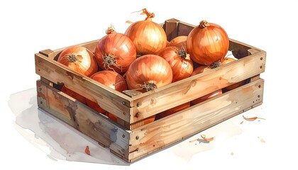 A watercolor illustration of a wooden crate overflowing with several brown-skinned onions. Watery paint splatters surround