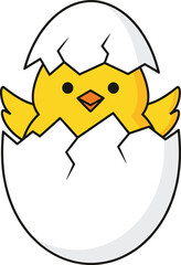 Cute yellow baby chick hatching from white eggshell, adorable newborn bird illustration, spring Easter concept, isolated on white background