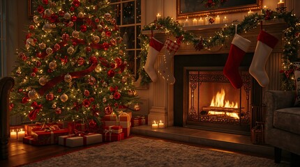 Christmas fireplace with stockings and decorated tree