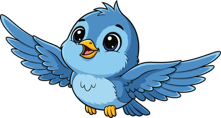 Adorable blue cartoon bird flying with open wings, happy cute animal illustration, cheerful baby bird character isolated on white background