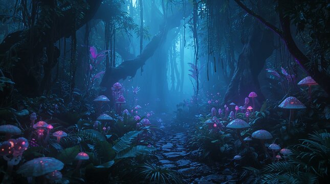 Enchanted forest with glowing mushrooms and blue mist
