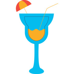 A Blue Margarita Glass with Orange Juice and a Colorful Umbrella with a Straw on a Transparent Background