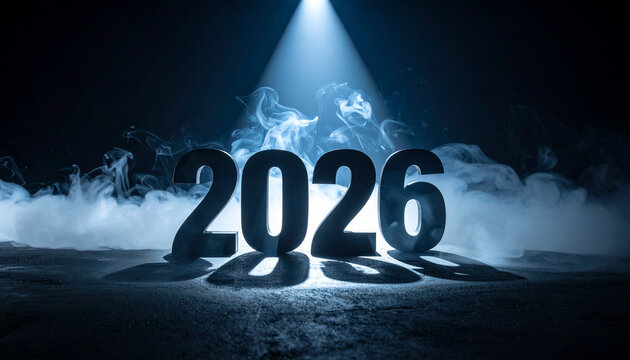 2026 in bold numbers with dramatic lighting and smoke, creating mysterious atmosphere. spotlight highlights year, casting shadows on ground