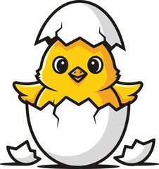Cute yellow baby chick hatching from white egg, adorable cartoon chicken illustration, funny newborn bird mascot vector design art