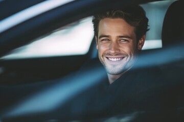 Obraz premium photograph of a handsome, smiling man, sitting behind the wheel of a modern car.