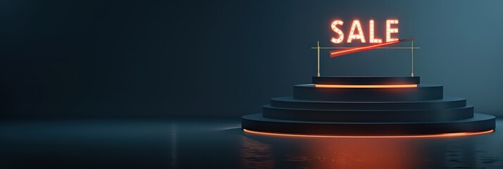 Black friday cyber monday sale concept with neon sign on dark platform. Horizontal banner. Copy space. Holiday shopping