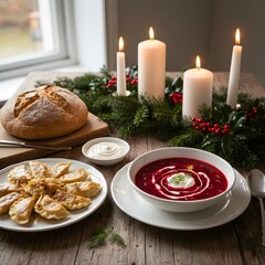 Cozy Christmas Dinner Scene with Borscht Soup and Pierogi 