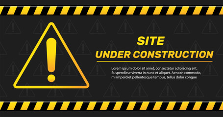 Website page with warning site is under construction. Striped barriers. Broken software. Network malfunction. Computer repair. Vector web banner with black or yellow information strips