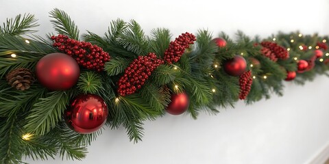 Festive christmas garland adorned with red baubles pinecones and warm fairy lights perfect for holiday home decor and seasonal celebrations