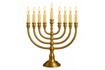 Golden menorah with nine lit candles, symbolizing the hanukkah holiday, a representation of jewish tradition and light
