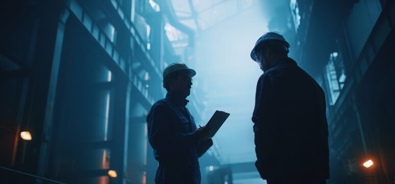 male worker wearing overalls and a helmet is holding a notepad while another man stands next to him, talking. background of an industrial factory