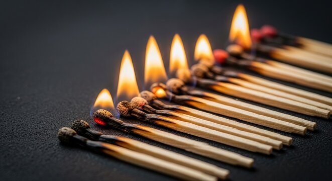 Multiple burning matches arranged in a row with flames
