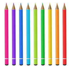 Realistic colored pencils for drawing or creativity. Painter instrument row. School tool. Stationery for creative writing. Sharpened pens. Kids hobby stuff. Vector isolated objects set