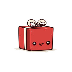 Cute Red Gift Box with Bow and Smiling Face Cartoon Illustration.