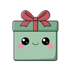 Cute Gift Box with Kawaii Face and Pink Bow.
