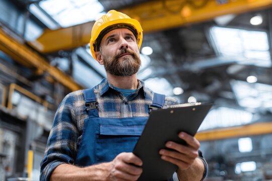 man in blue overalls and a yellow helmet, holding a clipboard inside the factory. - Powered by Adobe