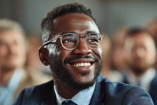 Portrait happy smiling African American ethnic male man guy businessman student in glasses formal suit listening business training class seminar presentation learning blurred crowd indoor meeting room