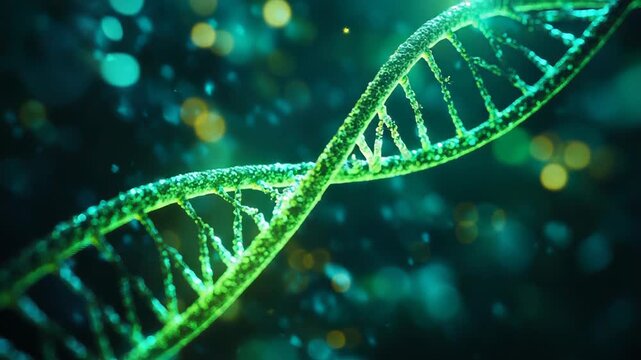 Dna strand rotating, showing genetic data and scientific research