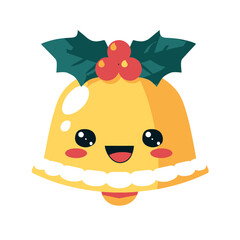 Cute Christmas Bell with Holly and Berries Cartoon Illustration.