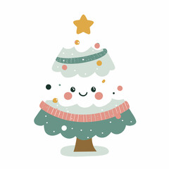 Cute Cartoon Christmas Tree with Smiling Face and Star Topper.