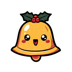 Cute Cartoon Christmas Bell with Holly Berries and a Cheerful Face.