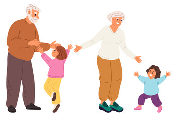 Joyful grandparents welcome little grandchildren. Family meeting. Grandfather hugs girl. Grandmother greeting kid. Relatives generations. Elderlies together with children. Vector concept