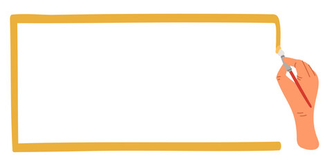 Obraz premium Hand with paintbrush draws frame with gold paint. Arm painting isolated rectangular note border. Creative handwritten banner. Artists brushstroke. School stationery. Vector background