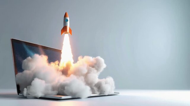 ノートパソコンからロケットが出てくるアニメーション　AI生成素材