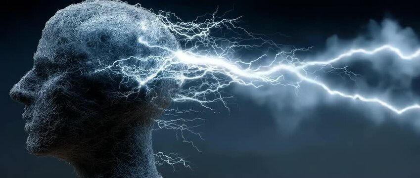 depicts a human head with lightning bolts striking the brain.