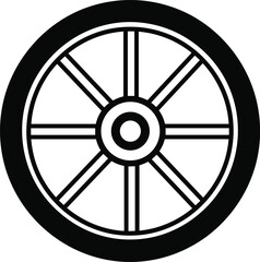Obraz premium Black and white graphic icon of a spoked wheel with concentric circles symbol