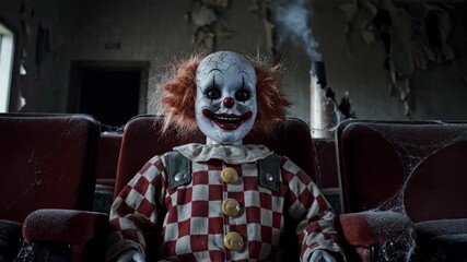 Creepy clown doll in abandoned theater with red seats and dim lighting