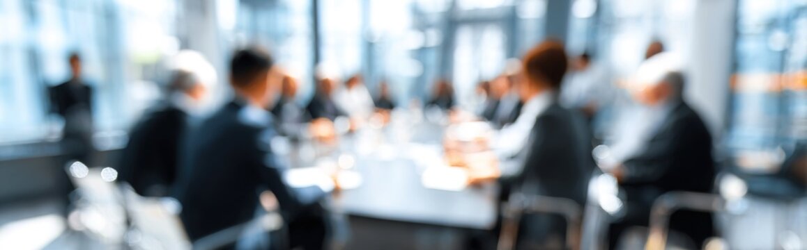 Blur office meeting blurred background with business people working group in boardroom discussion, executive seminar or professional training in enterprise. High quality