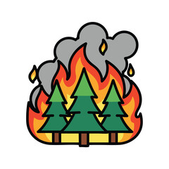 Cartoon illustration of three green pine trees engulfed in a raging wildfire with gray smoke.