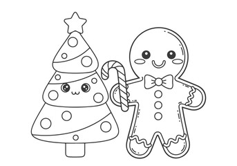 Cute gingerbread man and kawaii Christmas tree line art, a printable winter holiday coloring book page for kids