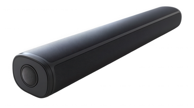 Studio shot of a black soundbar isolated on transparent background for audio