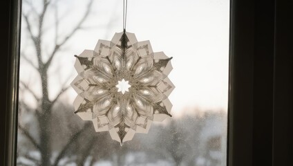Intricate snowflake decoration hanging in front of a window.