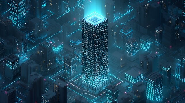 Central skyscraper glowing as the AI-driven fintech hub, surrounded by digital finance energy lines in blue neon light.