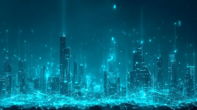 Futuristic city showing cashless society through glowing fintech nodes and holographic transaction paths in blue tones.
