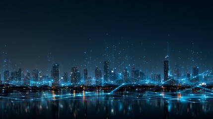 Futuristic smart city skyline illuminated by glowing fintech network lines, representing secure digital transactions and global finance connectivity.