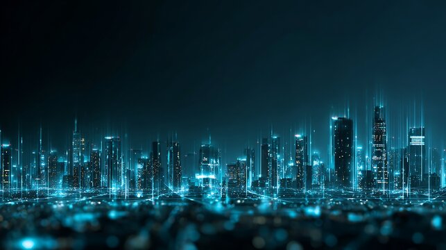 Futuristic smart city skyline illuminated by glowing fintech network lines, representing secure digital transactions and global finance connectivity.