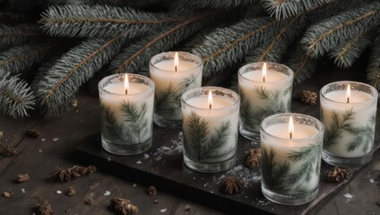Lit candles in glass holders with pine needles background.