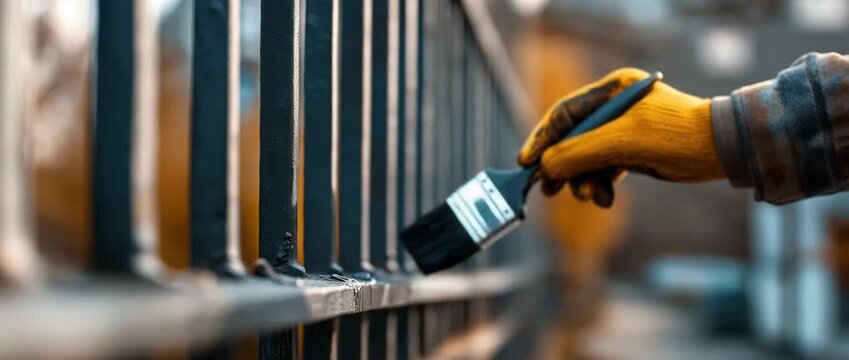 A man wearing gloves uses a brush to paint a metal railing black.  He remodels an exterior fence.  Someone works on exterior housing projects and home renovation projects.