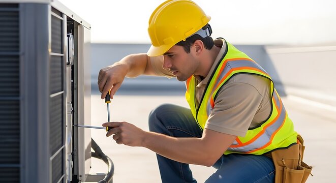 Hvac technician in yellow hard hat and safety vest performing maintenance on an outdoor air conditioning unit with a screwdriver