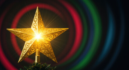 Golden Christmas Star Topper On Dark Bokeh Background.