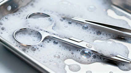 Silver Surgical Instruments in Soapy Water on Metal Tray for Medical Cleaning